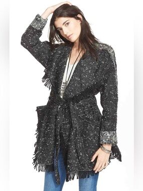 Free People Women's XS Fringe Wrap Blanket Coat Jacket Tie Waist Black Combo